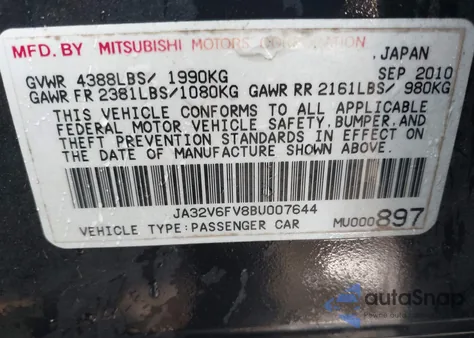 2011 Mitsubishi Lancer Ralliart from USA, damaged, VIN JA32V6FV8BU007644